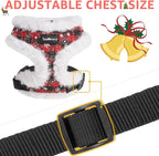 SCENEREAL Dog Christmas Harness Collar and Leash Set, Warm Fleece No Pull Puppy Vest Harnesses No Chock Adjustable Small Pet Halter for Outdoor Walking Training, Black Red Plaid S