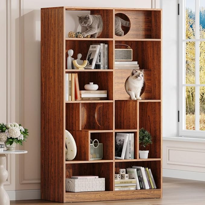 63.5" Cat Tree with Litter Box Enclosure & Bookshelf, Modern Cat Tower with Built-in Cat Houses, Multi-Tier Storage Shelf Cat Furniture for Indoor Cats,Brown