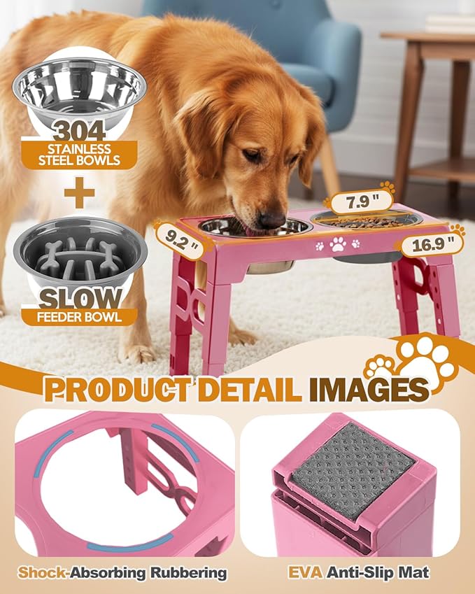 Elevated Dog Bowls for Medium Size Dogs, Non-Slip Dog Feeder with 1*Stainless Steel Dishes & 1*Slow Feeder Bowl, 5 Heights Adjustable Raised Bowls to 3.15″-8.66″-9.84″-11.02″-12.2″