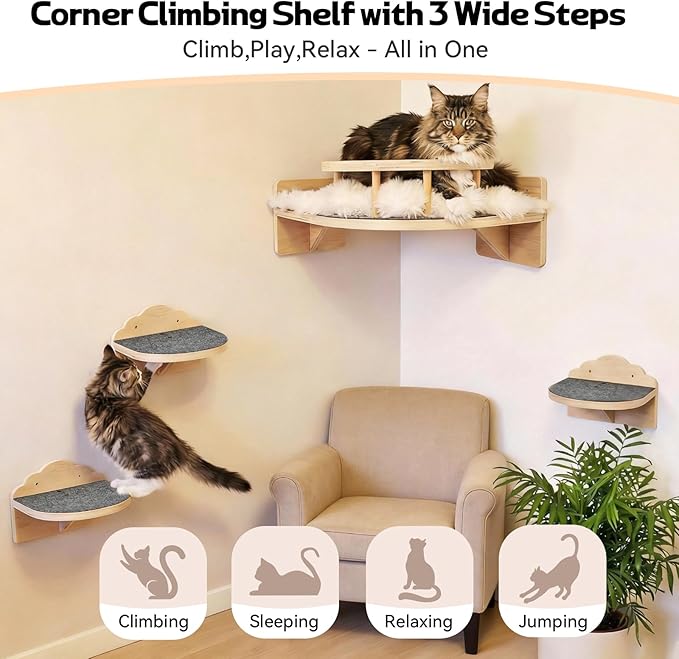 Cat Shelves for Wall, Corner Cat Wall Shelf with 3 Wide Steps, Wooden Wall Mounted Cat Shelf for Indoor Cats, 30 lb Capacity, Removable Plush Pads, Cat Climbing Perch Set for Large Cats