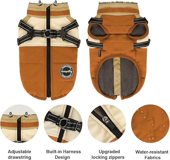 Winter Coat, Waterproof Jacket, Warm Fleece Vest With Built-in Harness, Windproof Turtleneck, Reflective Snow Jacket for Small Medium Large Dogs, Orange L