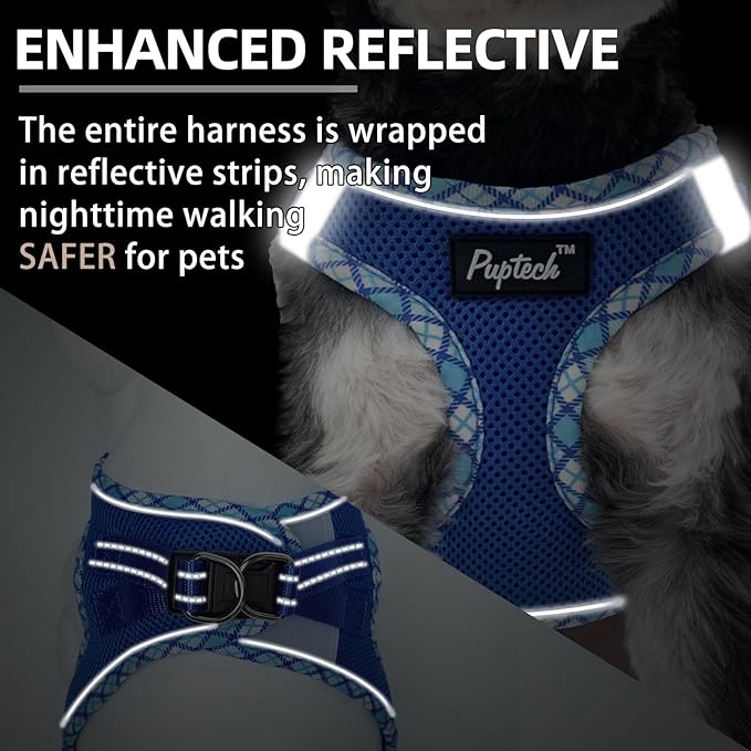 PUPTECK Dog Harness and Leash Set for Small Medium Dogs No Pull Step-in Soft Mesh Puppy Cat Vest Harnesses Reflective at Night, Upgraded New Blue XS