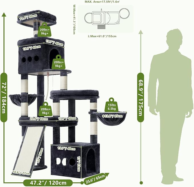 Heybly Cat Tree, 72.4-Inch Anti-Tip Cat Tower for Large Cats, All-in-One Cat Furniture with Spacious Perches, Multiple Interactive Areas, Extra-Large Sisal Scratching Board, Smoky Gray HCT060G