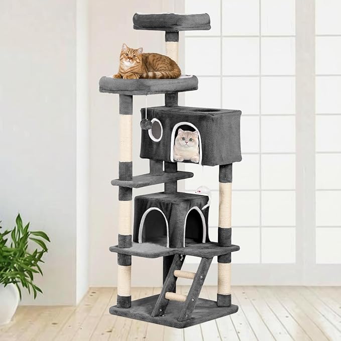 Cat Tree Tower 53 inch - Multi-Level Indoor Activity Center with Sisal Scratching Posts, Condo, Plush Perch & Hanging Toys for Large Cats (Black)