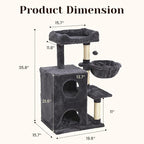 Medium Cat Tree with Scratching Posts, Cat Bed, Hammocks & Condos – Multi-Level Cat Tower for Playful Cats, 36" Modern Jungle Gym, Dark Grey