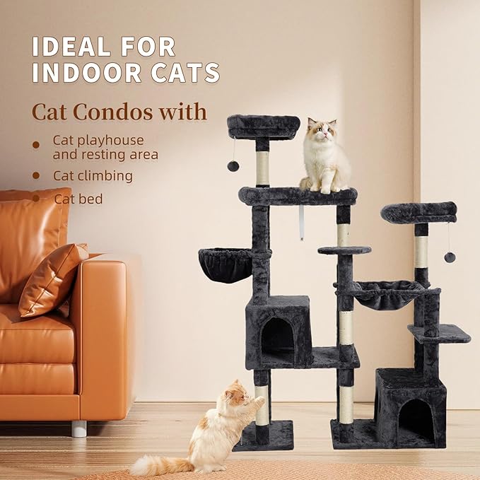 Indoor Cat Tree for Large Cats, 64.5 Inch Multi-Cat Cat Tree, Includes 3 Perches, 2 Cat Beds, 2 Hanging Baskets, Ideal for Multiple Cats to Play (Grey)