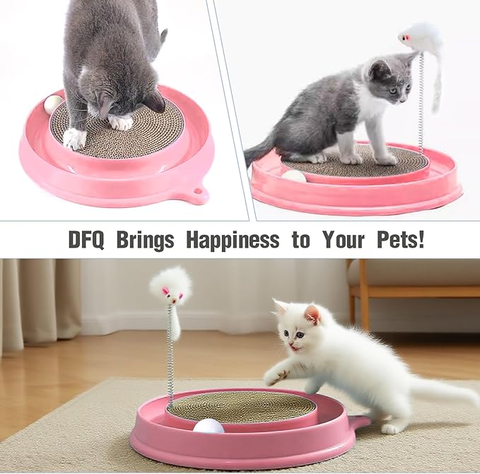 3in1 Cat Scratcher,Interactive Round Plastic Scratching Pad with Ball Track & Mouse, Engaging Puzzle for Indoor Adult Cats and Kittens-Pink
