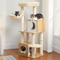Modern Cat Tree for Indoor Cats Large Adult, 51 Inches Wood Cat Tower with Cozy Condos, Fully Sisal-Wrapped Scratching Posts, Top Perch and Soft Hammock, Kitten Play House, Beige