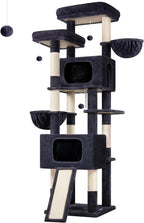 Globlazer 77" Cat Tree for 4+ Large Cats, Multi-Level Cat Tower with 2 Condos, Hammocks & Scratching Board, Stable Reinforced Base, Skin-Friendly Plush, S77E, Dark Grey