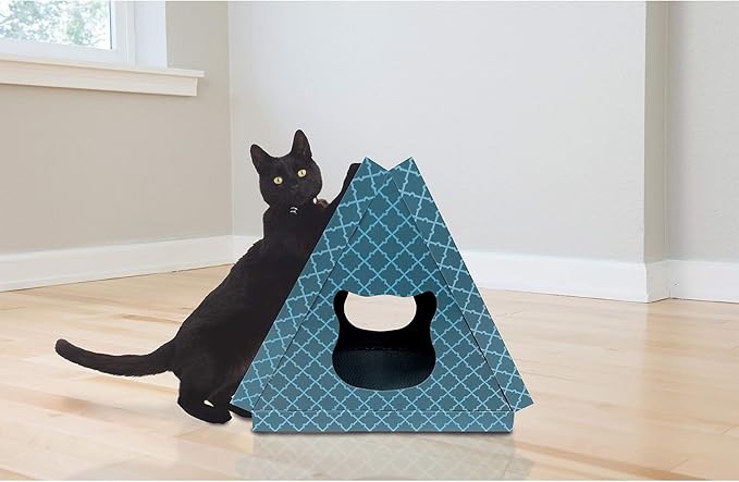 Furhaven Cardboard Hideout w/ Catnip for Indoor Cats, Ft. Scratching Pads - Tiger Tent Corrugated Cat Scratcher Hideout - Teal, One Size