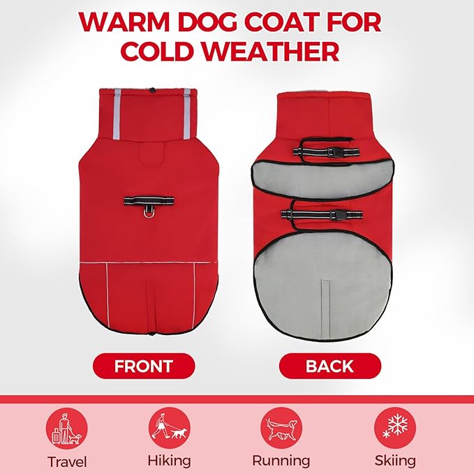 Mihachi Dog Coat for Large Dogs, Warm Dog Winter Coat Waterproof Dogs Jacket with Harness Built in Reflective Pet Fleece Vest, Puppy Cold Weather Coats Turtleneck & Windproof Pet Snowsuit, Red L