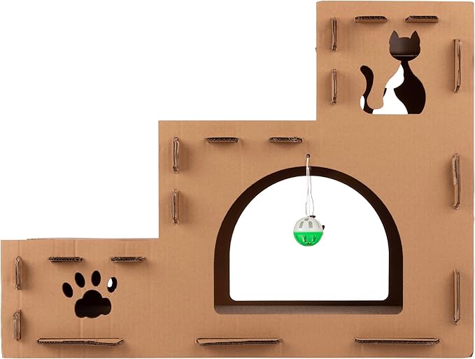 Cat House - Cardboard Cat House with Scratching Pads, Toys, and Catnip - 3-Story Cat Houses for Indoor Cats, Kittens and Small Animals by PETMAKER