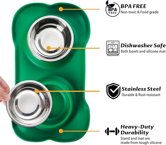 Hubulk Pet Dog Bowls 2 Stainless Steel Dog Bowl with No Spill Non-Skid Silicone Mat + Pet Food Scoop Water and Food Feeder Bowls for Feeding Small Medium Large Dogs Cats Puppies (X- L, Huntergreen)