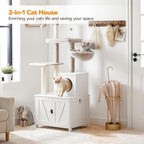 HOOBRO Cat Tree Tower with Litter Box Enclosure for Indoor, Wooden Cat Condo with Scratching Posts, Litter Box Furniture Hidden, All-in-One Cat House, White WT15MZ03