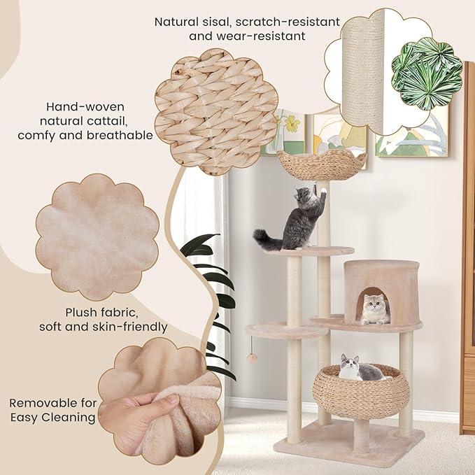 Tangkula Modern Cat Tree, 58 Inch Cat Tower with Sisal Scratching Posts, Condo, Cattail Plush Perch, Basket Cat Bed, Dangling Ball, Removable & Washable Cushions, Aesthetic Cat Tree for Indoor Cats