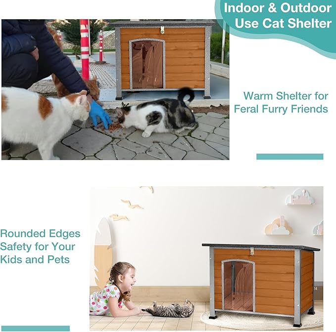 Indoor/Outdoor Dog House with Iron Frame - All-Weather Wooden Pet Shelter for Medium/Large Dogs (Grey, L)