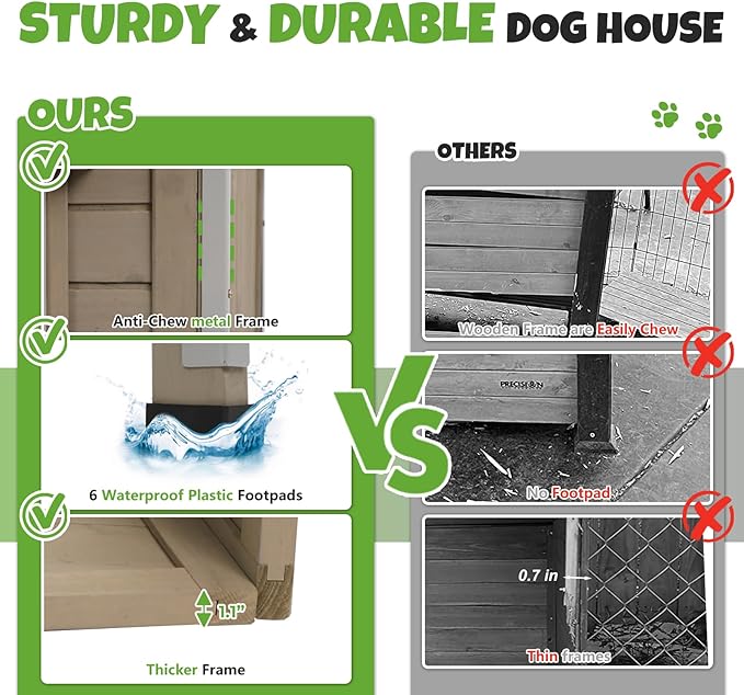 Large Outdoor Wooden Dog House, Weatherproof Dog Houses with Adjustable Vent Windows, Alloy Chew-Resistant Frame, Removable Floor for Medium & Large Dogs, (34" L x 22" W x 25.9" H)