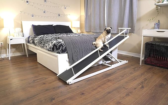 DoggoRamps Dog Ramp for Beds - Solid Hardwood with 5 Finish Options - Adjustable up to 37" High Beds with Low Incline, Safety Rails & Anti-Slip Grip, For Small Dogs up to 50lbs - Made in North America