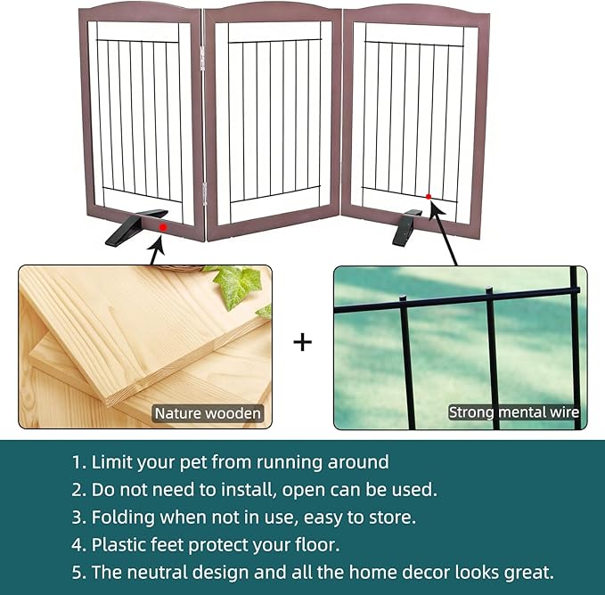 Dog Fence Indoor,Dog Gate Indoor for Doorway pet gate -3-Panel Freestanding, Hallways, House or Stairs -60x32-Inch Retractable Foldable Expandable Wood Pet by SFJC (Brown) ﻿