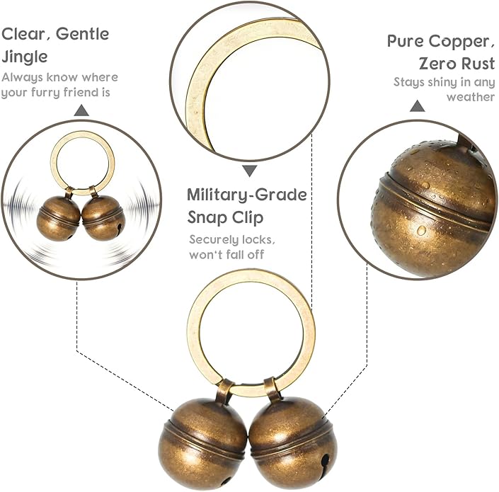 Copper Bells for Dog Collars with Snap Clips - Dog Bells to Go Outside,Made of Pure Copper for Dogs/Cat - Clear Sound & No Rust - Know Where Your Pet