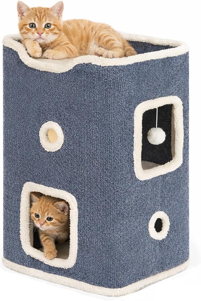 Cat House, Cat Beds for Indoor Cats, 2-Story Cat Condo Cube with Scratch Pad and Fluffy Ball Hanging, Multi-Level Cozy Hideout Center Ideal for Small/Medium Cats