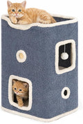 Cat House, Cat Beds for Indoor Cats, 2-Story Cat Condo Cube with Scratch Pad and Fluffy Ball Hanging, Multi-Level Cozy Hideout Center Ideal for Small/Medium Cats