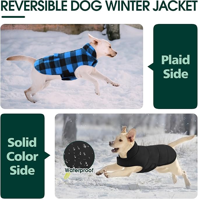 Kuoser Dog Winter Coat, Windproof Dog Fleece Jacket British Style Plaid Cold Weather Doggie Vest Coats, Reversible Cozy Warm Pet Clothes Apparel for Large Size Dogs L