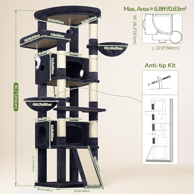 Globlazer Extra Large Heavy Duty Cat Tree, 80in Tall Sturdy Cat Tree Tower for Multiple Indoor Cats Large Adult with Scratching Posts, 2 Spacious Condos with Padding, 2 Soft Perches, S80C, Dark Grey