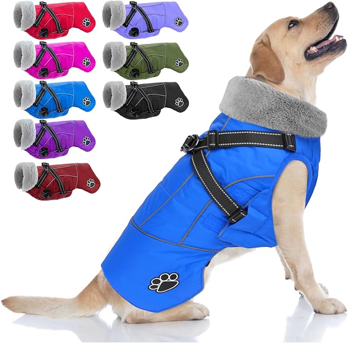 Doglay Dog Coat with Harness, Reflective Warm Dog Jacket Waterproof Puppy Winter Coat for Cold Weather, Adjustable Fleece Jacket for Small Medium Large Dogs