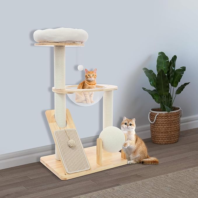 JOMCYDM Cat Tree Indoor Wooden Tower Pet Condo Activity Center 22.05Lbs Load with Cozy Bed Space Capsule Scratching Pad Rolling Ball 37.8In Freestanding