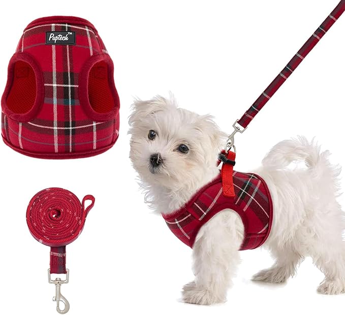 PUPTECK Soft Mesh Dog Harness and Leash Set Step-in Plaid Puppy Padded No Pull Vest Harness for XS Small Medium Sized Dogs Cats Outdoor Walking
