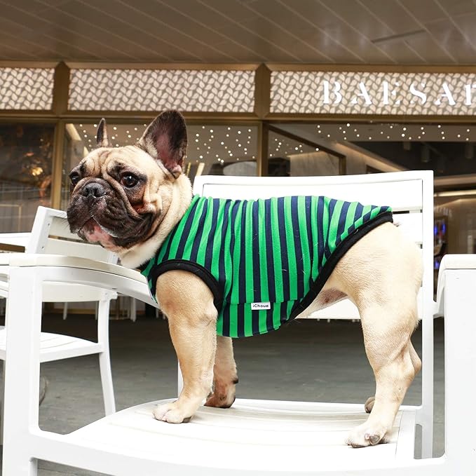 iChoue English Bulldog 100% Breathable Cotton Striped T Shirts Halloween Vest Clothes for Medium Dogs Tank Tops French Frenchie Pug Boston Terrier Pitbull Green Black Stripes - XLarge