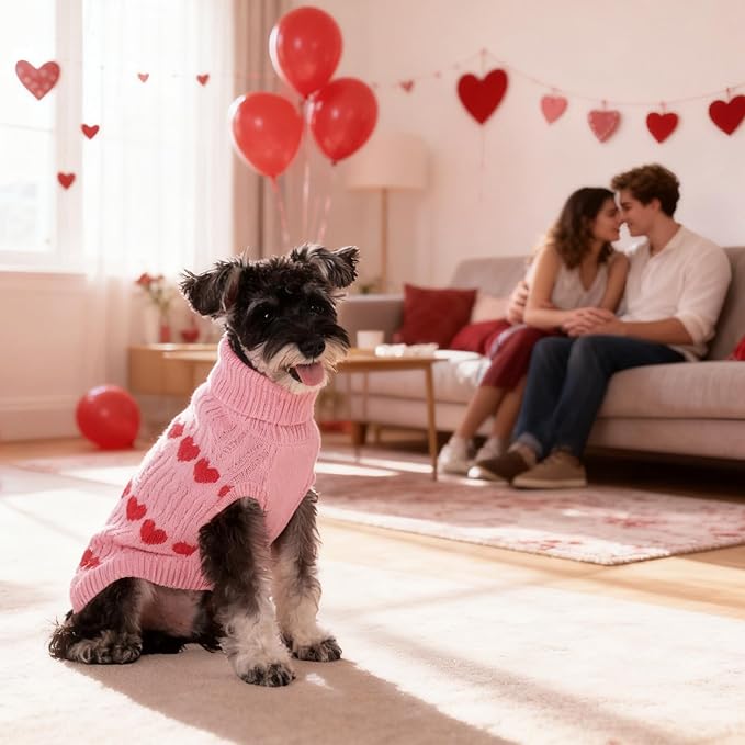 KOOLTAIL Valentine's Day Dog Sweater Turtleneck, Cold Weather Pullover Classic Knitwear, Heart Pattern Thick Warm Winter Pet Clothes, Cable Knit Sweater for Small Medium Large Dogs Girl Boy, Pink S