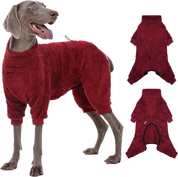 ROZKITCH Dog Pyjamas, Lightweight PJS with Four Legs, Full Coverage Sweater Clothing and Loungewear with Adjustable Drawstrings Suitable for Medium to Large Breeds of Dogs Indoor Sleeping Red L