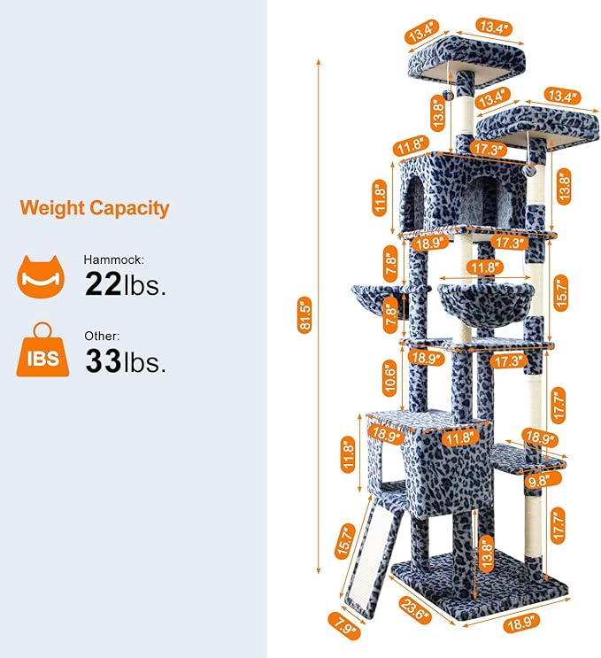82" Tall Cat Tree,Giant Cat Tree for Indoor Cats Large Adult, Heavy Duty Cat Tree Tower, Extra Large Cat Trees with Scratching Posts, Cat Condos, Hammock,Top Perch,Ramp (Blue Grey)