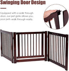 Giantex Freestanding Pet Gate with Door, 24inch 3 Panels Wooden Dog Gate with Walk Through Door, Foldable Pet Safety Puppy Fence Adjustable Pen for House Doorway Stairs