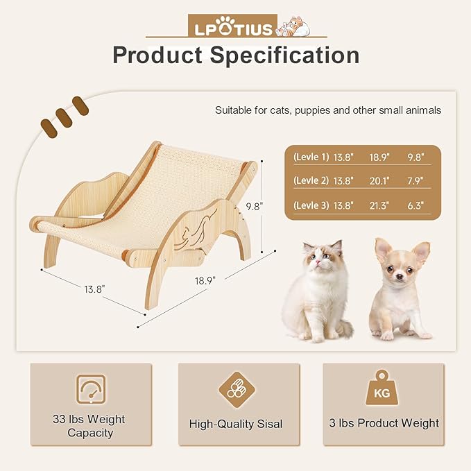 Cat Hammock Beach Chair with Sisal Scratcher, Elevated Adjustable Cozy Cat Lounger Wooden Sisal Chair
