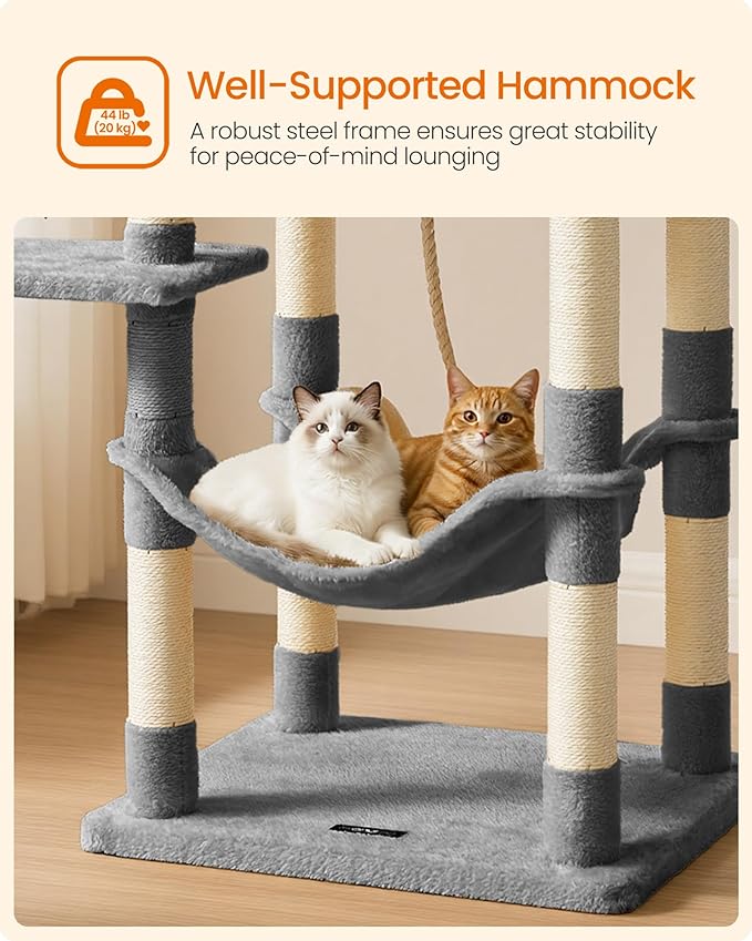 Feandrea Cat Tree, 56.3-Inch Cat Tower, Multi-Level Plush Condo with 11 Scratching Posts, 2 Perches, Hammock, Cave, Light Gray UPCT15W