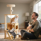 Large Cat Tree,124 Tall Wooden Cat Tower with Spacious Cave,Transparent Space Capsule,8 Fully Scratching Posts and Natural Wood Posts, Kitty Condo with Multi-Layer Platform
