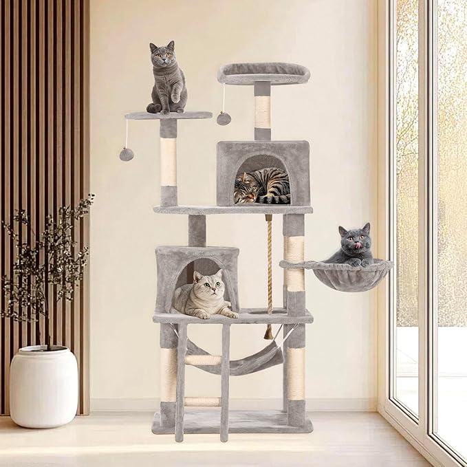 Cat Tree 60.63 inches Cat Tower for Indoor Cats, Multi-Level Cat Condo Furniture with Scratching Posts, Plush Perches, Activity Center with Cozy Basket & Hammock for Cats (Light Gray)