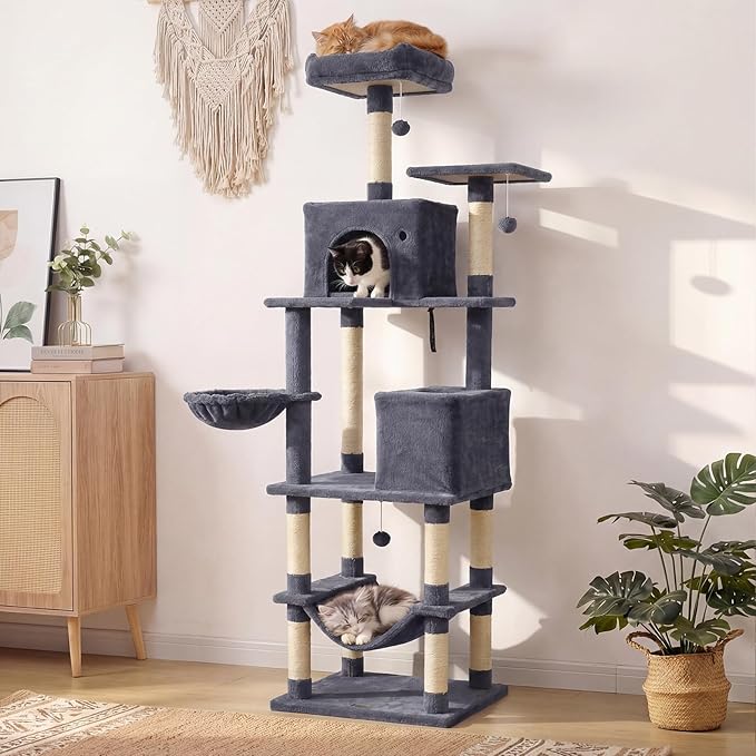PETSITE 80-inch Tall Modern Cat Tree, Multi-Level Cat Tower with 2 Comfy Condos, Sisal Scratching Posts, Side Basket, Snug Hammock, and Dangling Balls, Ideal for Indoor Cats and Kittens (Dark Grey)