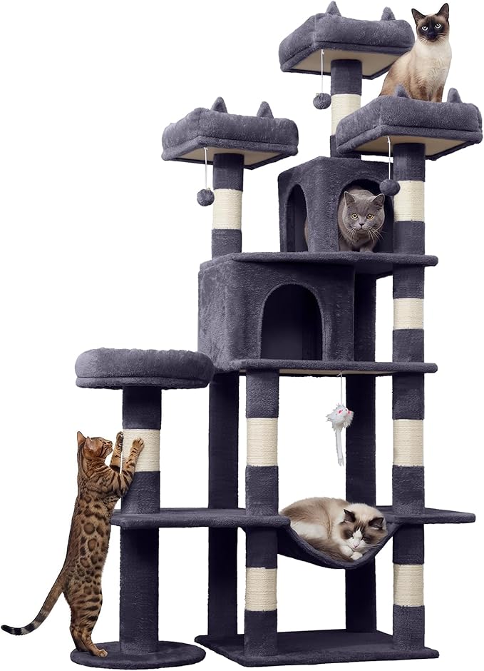 Heavy Duty Cat Tree for Indoor Cat, 71 Inch Large Cat Tower with Scratching Post and Top Perch, Hammock, Big Cat Condo for Adult Cats Kittens, PMT03DG, Dark Grey