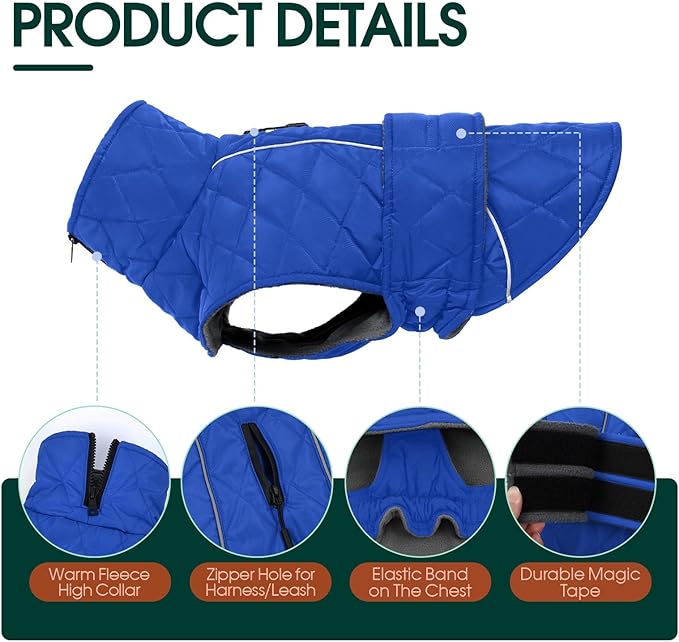 Kuoser Dog Coat Thermal Fleece Lined Dog Jacket, Adjustable Hook & Loop Dogs Coats for Medium Dogs Windproof Reflective Puppy Snow Jackets Pet Cold Weather Clothes with Harness Hole, Blue, M