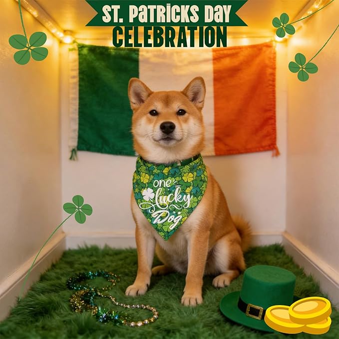Dog Bandana for St. Patricks Day 2-in-1 Reversible - One Lucky Dog & 4-Leaf Clover Design, Pet Scarf with Snap Button Cute Lucky Holiday Costumes, Medium & Large Breeds (30-75lbs)
