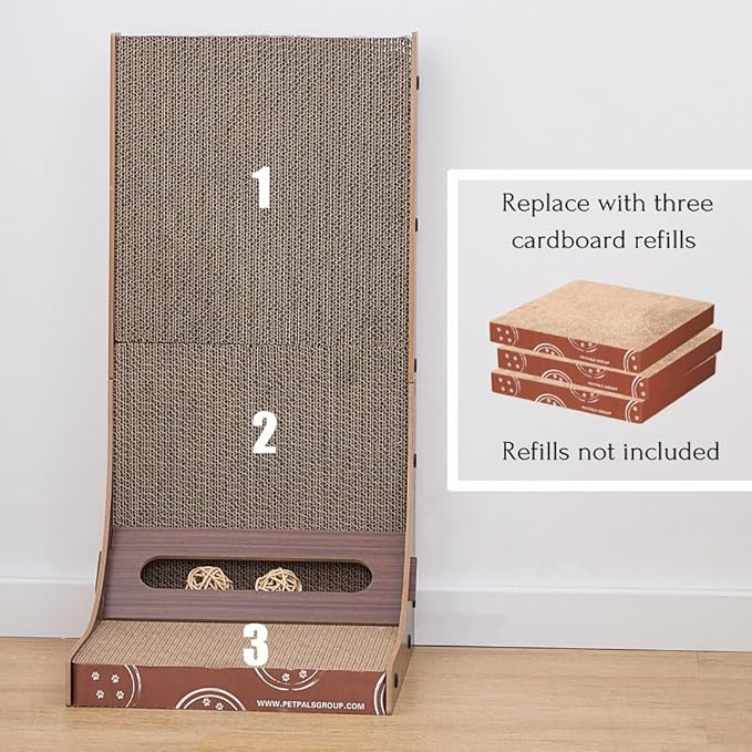 Petpals Cardboard Cat Scratching Pad, 24" Double Side L Shaped Corrugate Cardboard Scratching Pad, Couch Sofa Protector Scratcher,Cat Scratcher with Rattan Ball Toys.