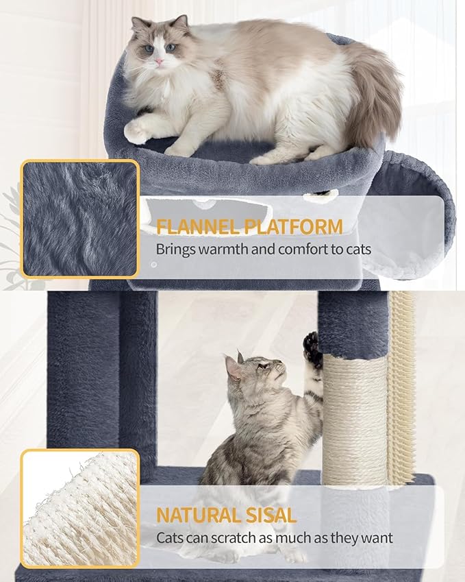 70.1 Inch Cat Tree for Indoor Cats, Multi-Layer Scratching Post with Large Platform, 2 Caves, 7 Sisal Posts, Pompoms, Cat Basket, Hammock, Suitable for Cats, Dark Grey MS17818SG