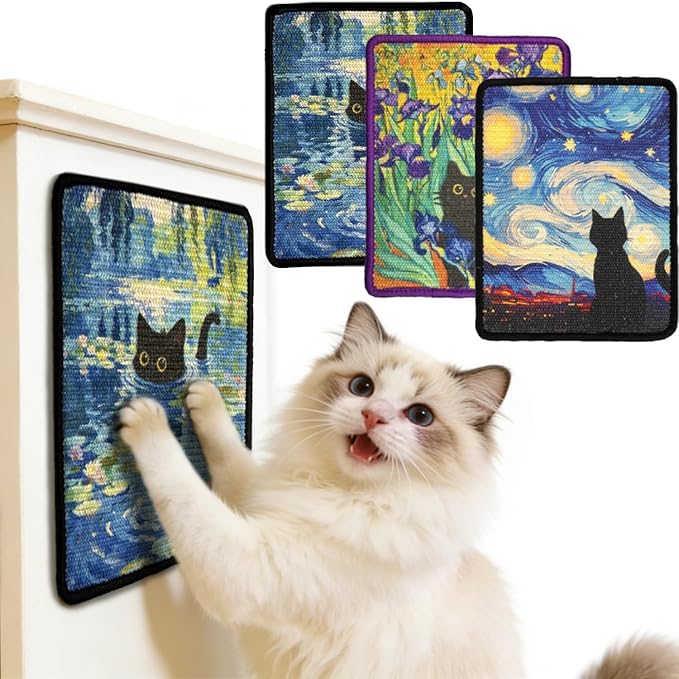 3PCS Cat Scratcher Wall Art, Sisal Home Decor Cat Scratch Mats, Wall Mount Kitten Scratching Pad with Hoop and Loop Adhesives, Cardboard Post Alternative for Indoor, Water Lilies+Starry Night+Irises