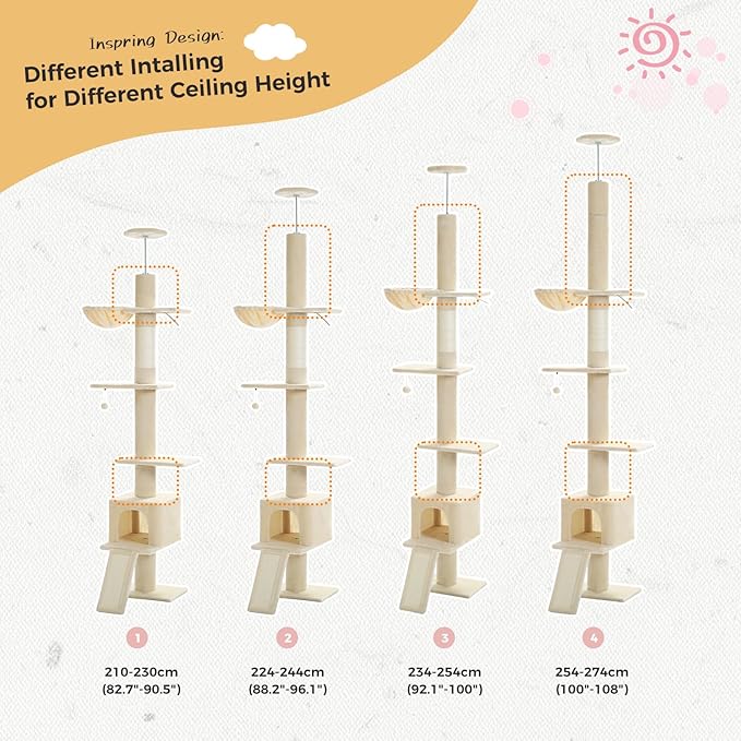PETEPELA Floor to Ceiling Cat Tree, Cat Tower 5 Tiers Tall (83-108 Inches) Adjustable Height, Cat Climbing Tree Featuring with Condo, Scratching Post and Perches for Indoor Cats, Beige