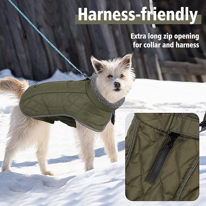 Fragralley Dog Coat Large, Waterproof Dog Jacket with Warm Fleece Lining, Adjustable Reflective Dogs Winter Coat, Turtleneck Pet Coats for Cold Weather (ArmyGreen L)