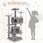 Sweetcrispy 54 Inch Cat Tree Tower, Multi-Level Tower with Cat Scratching Post, Indoor Cat Condo with Climbing Ladder, Plush Toy, Play House for Cat, Light Grey
